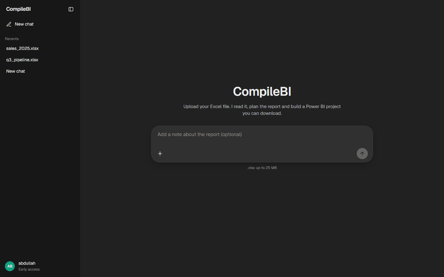 The CompileBI chat: a workbook attached, the file read, and a report ready to download